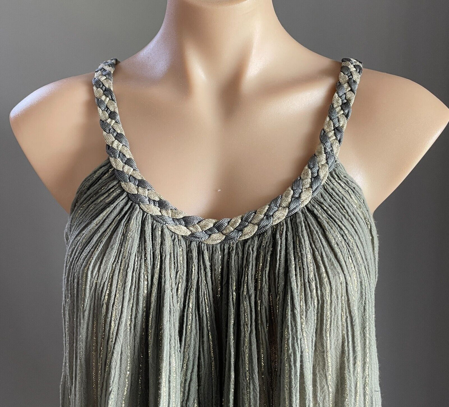 Khaki & Gold Thread Dress Stripe Sleeveless ALine Cheesecloth Casual Beach Pool