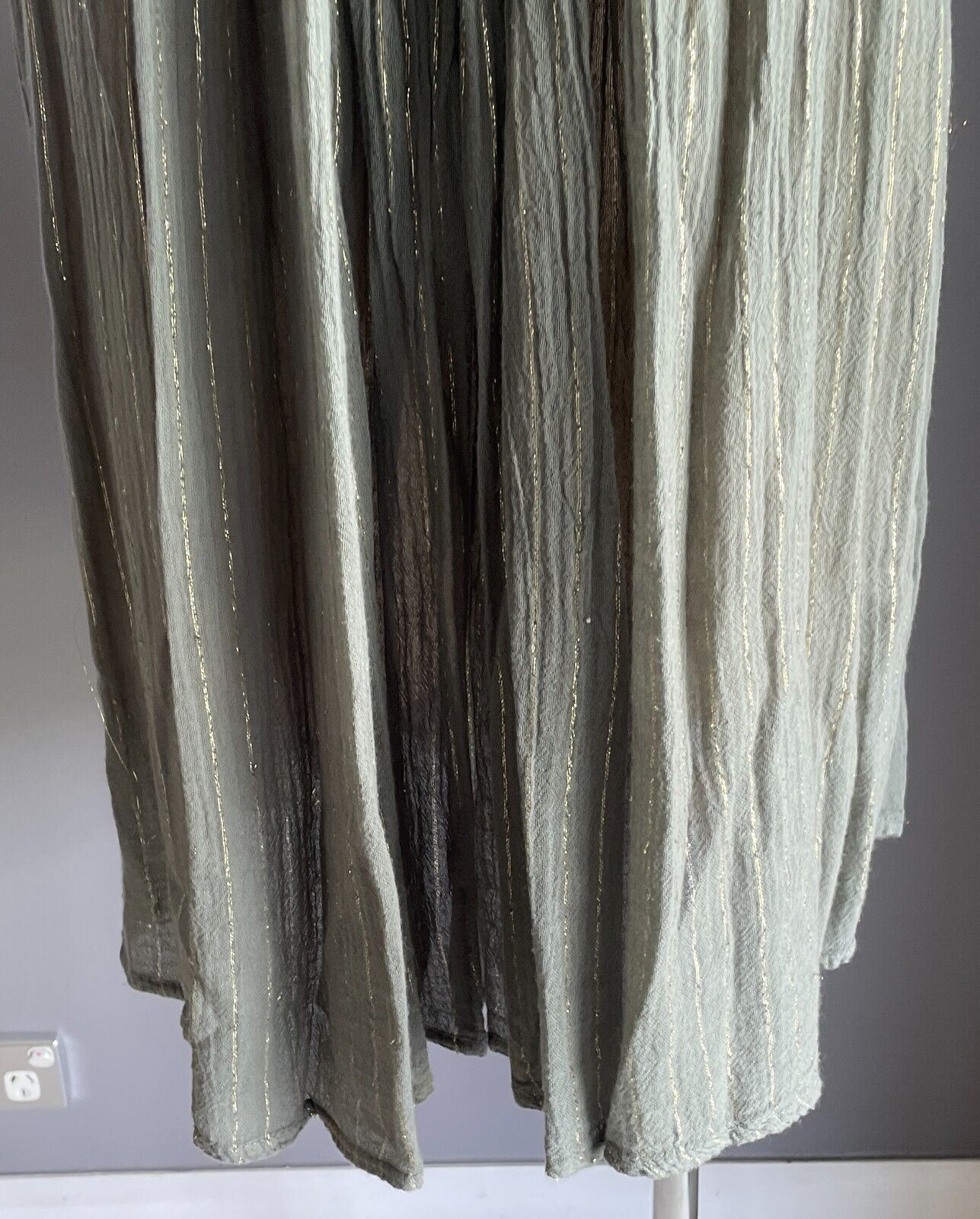 Khaki & Gold Thread Dress Stripe Sleeveless ALine Cheesecloth Casual Beach Pool