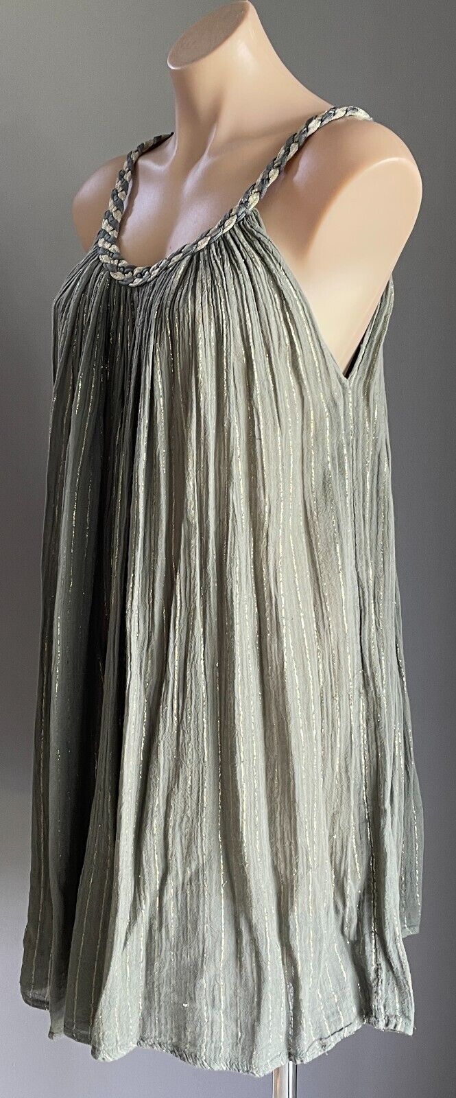 Khaki & Gold Thread Dress Stripe Sleeveless ALine Cheesecloth Casual Beach Pool
