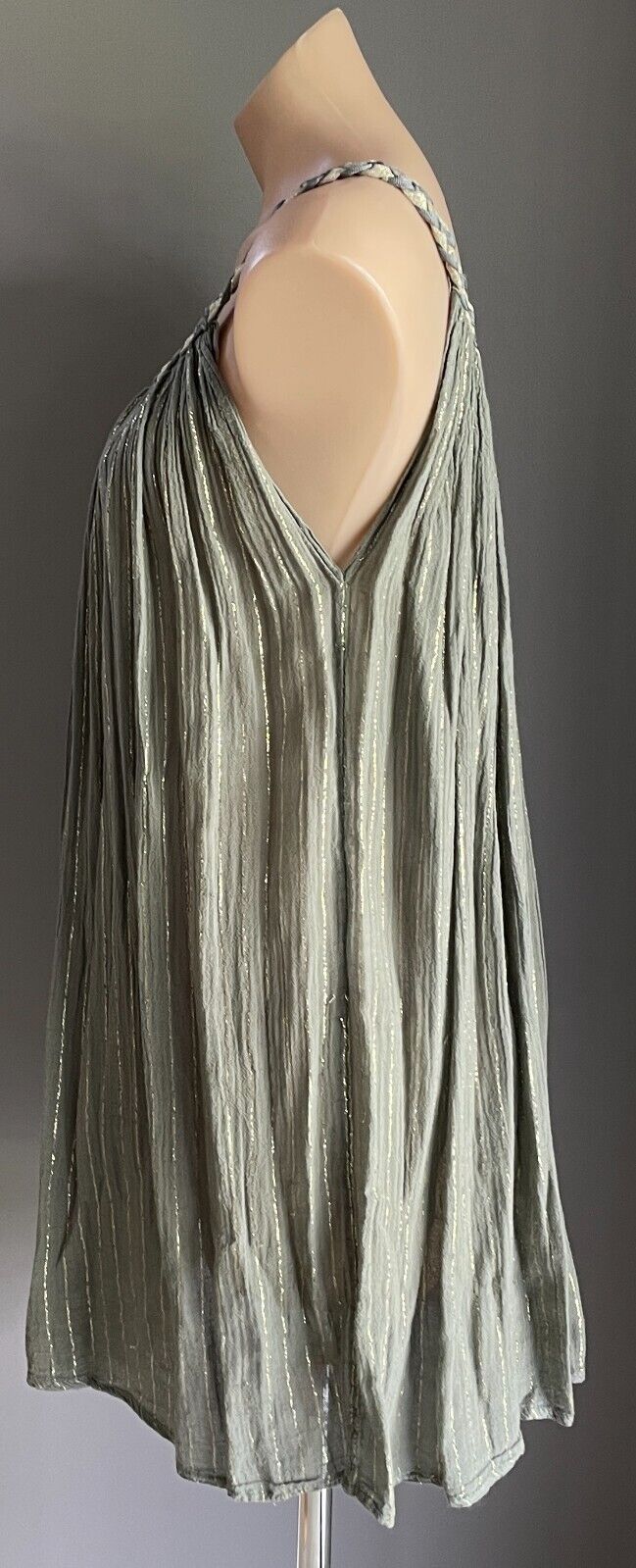 Khaki & Gold Thread Dress Stripe Sleeveless ALine Cheesecloth Casual Beach Pool