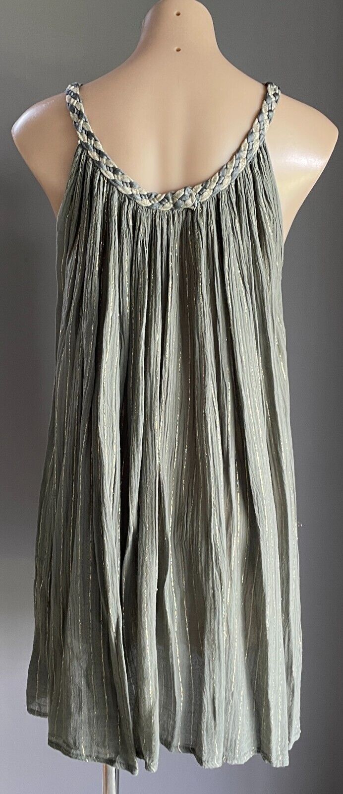 Khaki & Gold Thread Dress Stripe Sleeveless ALine Cheesecloth Casual Beach Pool