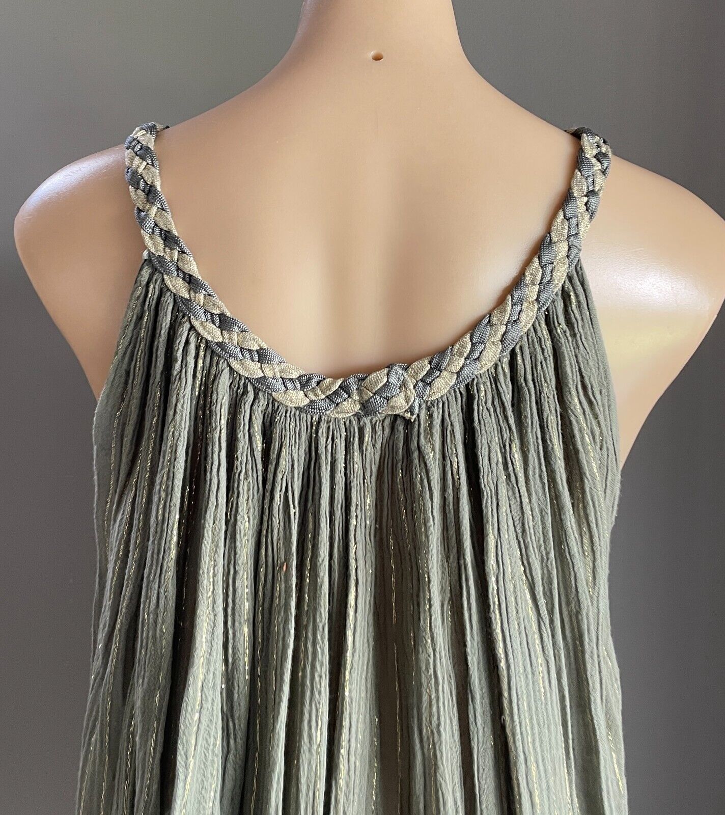 Khaki & Gold Thread Dress Stripe Sleeveless ALine Cheesecloth Casual Beach Pool