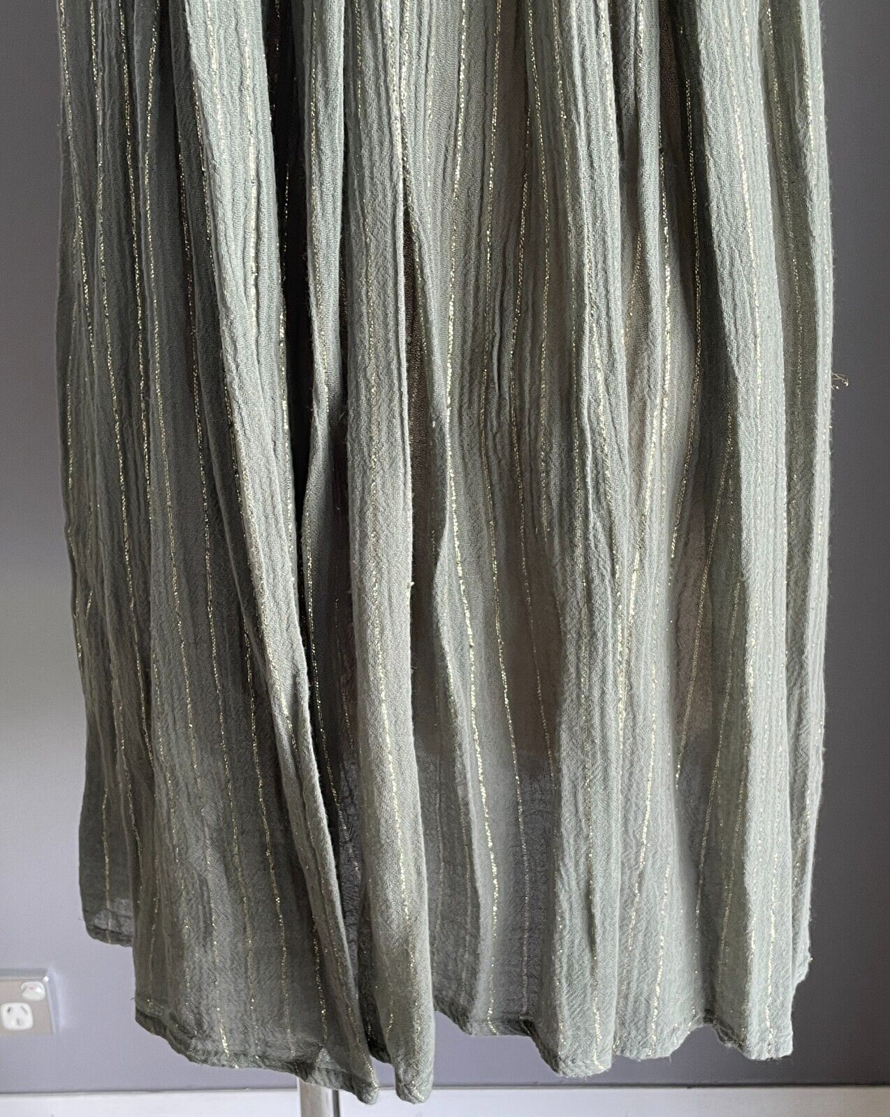 Khaki & Gold Thread Dress Stripe Sleeveless ALine Cheesecloth Casual Beach Pool
