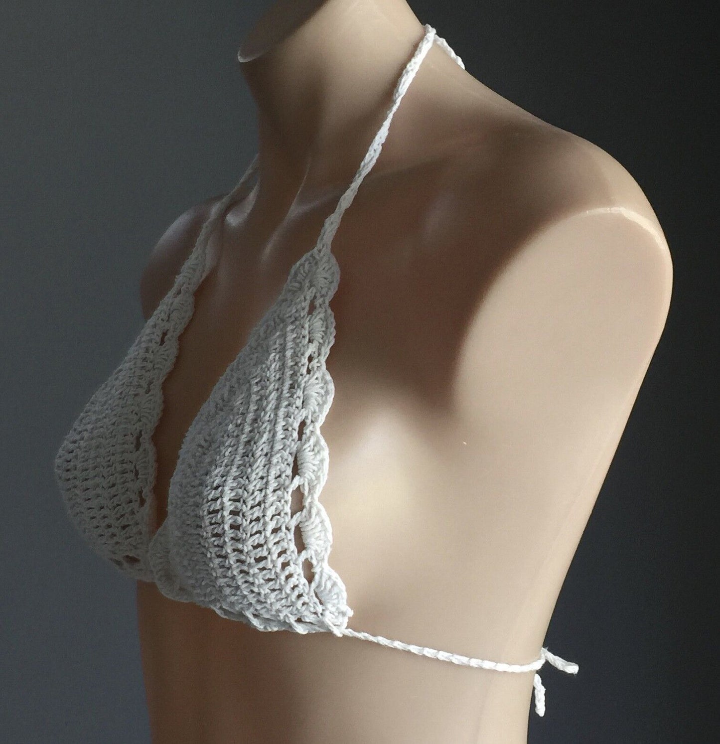 Vintage 1970s Bikini Top White Crochet Bohemian Hippy Festival Size 8  10  (2)
