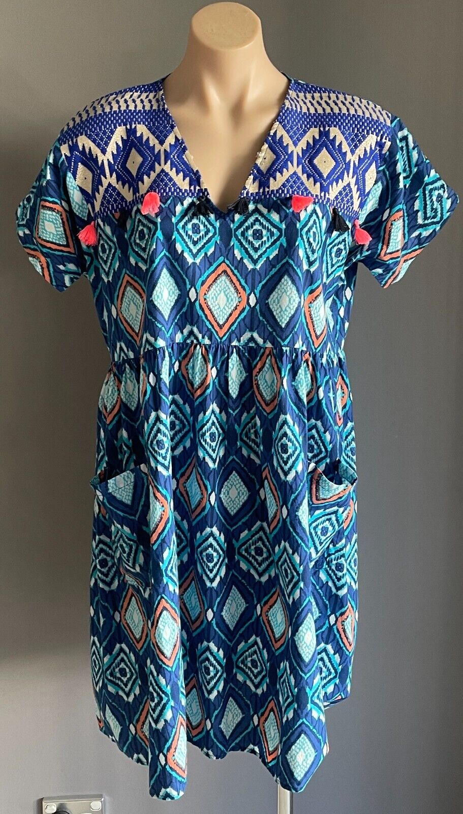 LUCCIOLA Multicolour Batik Print Short Sleeve Dress Cotton Tassel Trim Size S 12