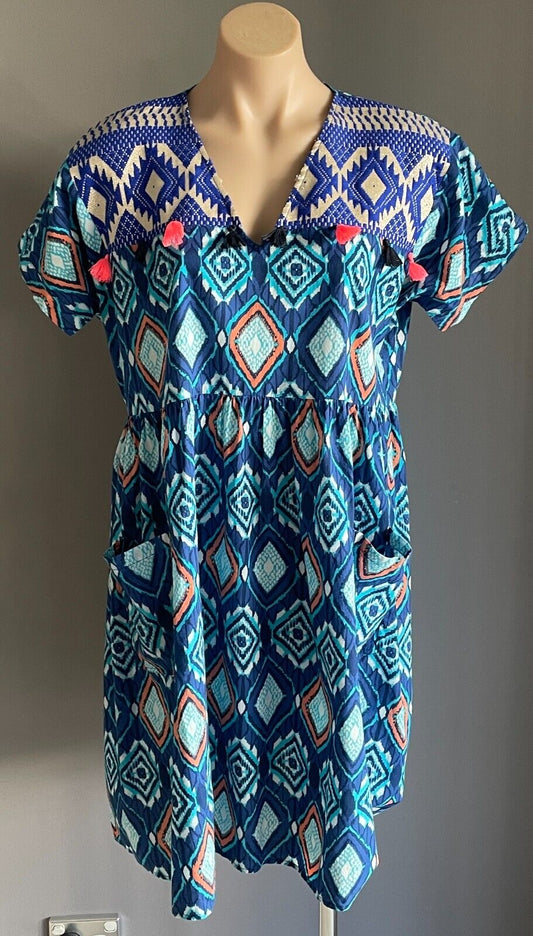 LUCCIOLA Multicolour Batik Print Short Sleeve Dress Cotton Tassel Trim Size S 12