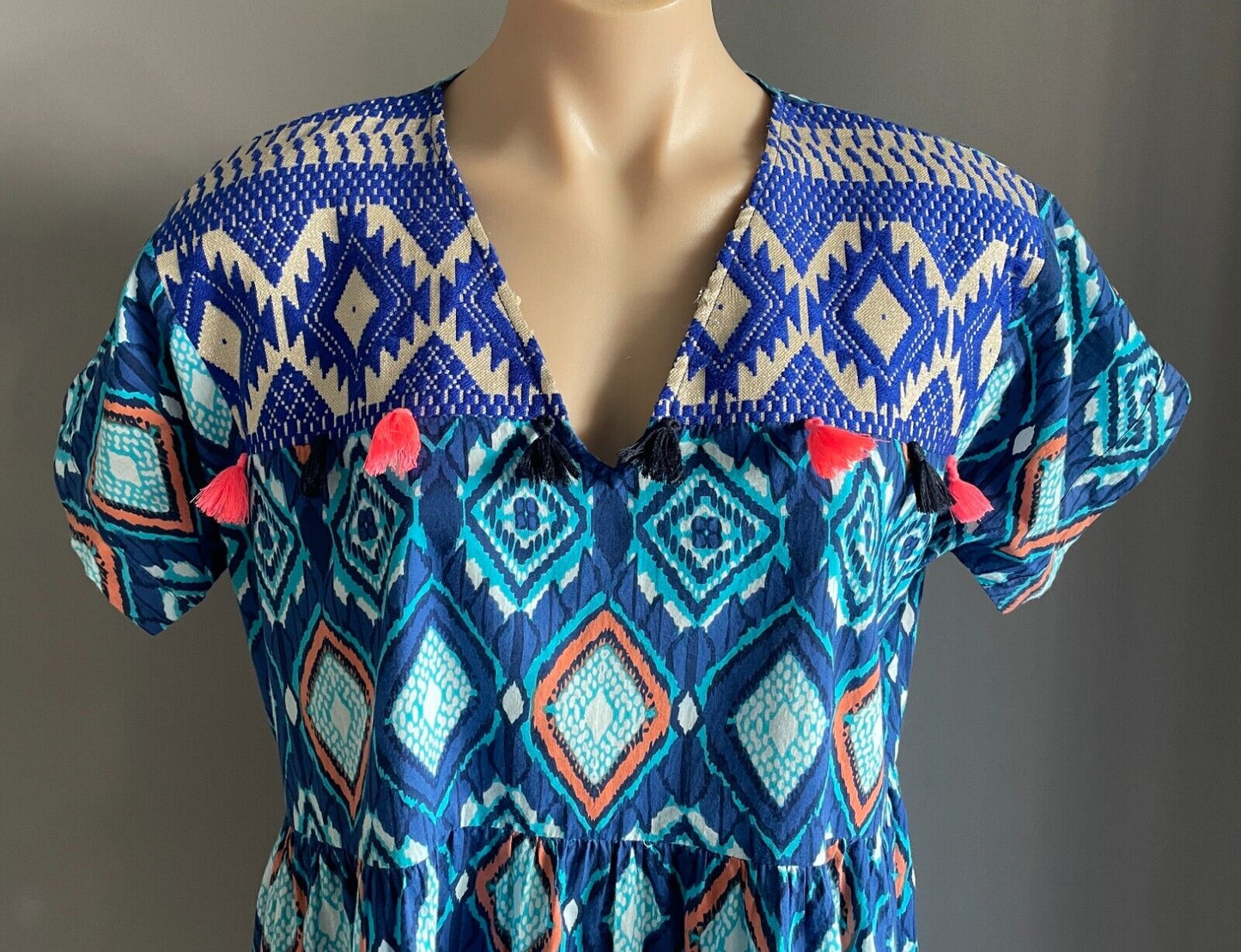 LUCCIOLA Multicolour Batik Print Short Sleeve Dress Cotton Tassel Trim Size S 12