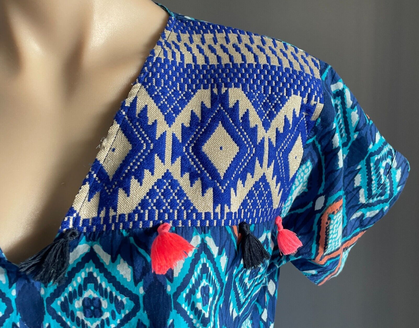 LUCCIOLA Multicolour Batik Print Short Sleeve Dress Cotton Tassel Trim Size S 12