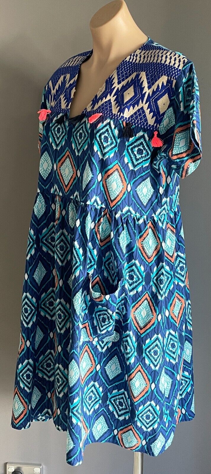 LUCCIOLA Multicolour Batik Print Short Sleeve Dress Cotton Tassel Trim Size S 12