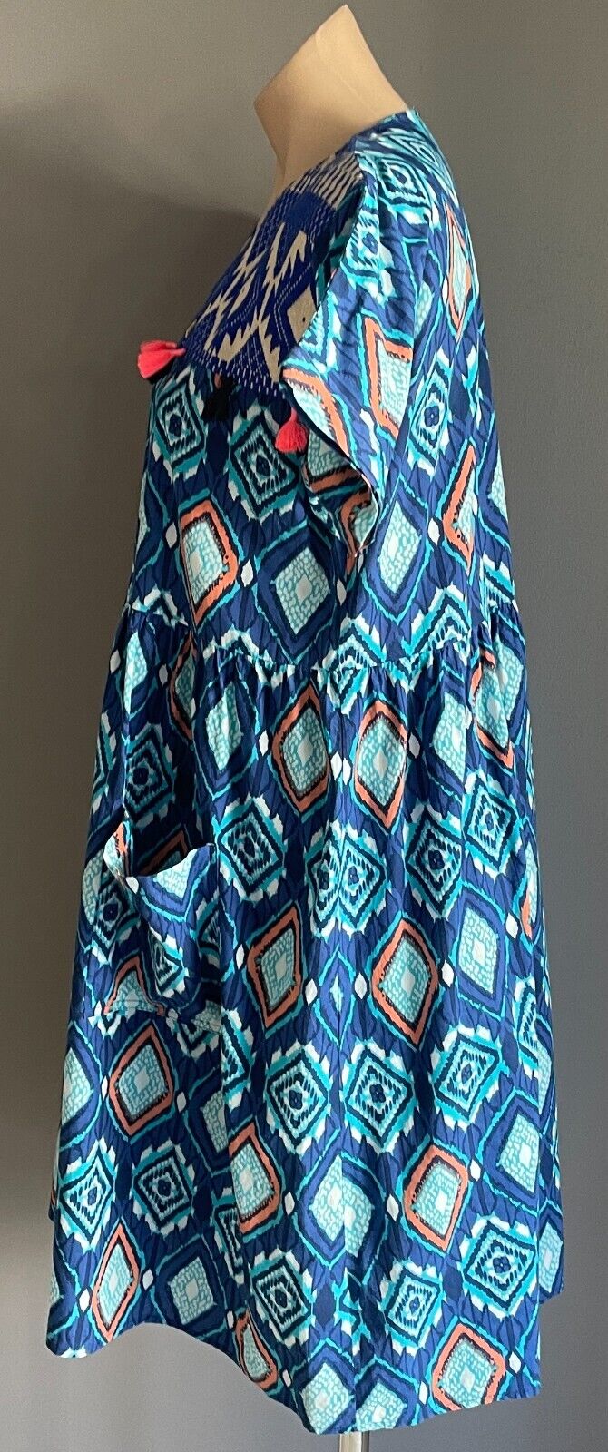 LUCCIOLA Multicolour Batik Print Short Sleeve Dress Cotton Tassel Trim Size S 12
