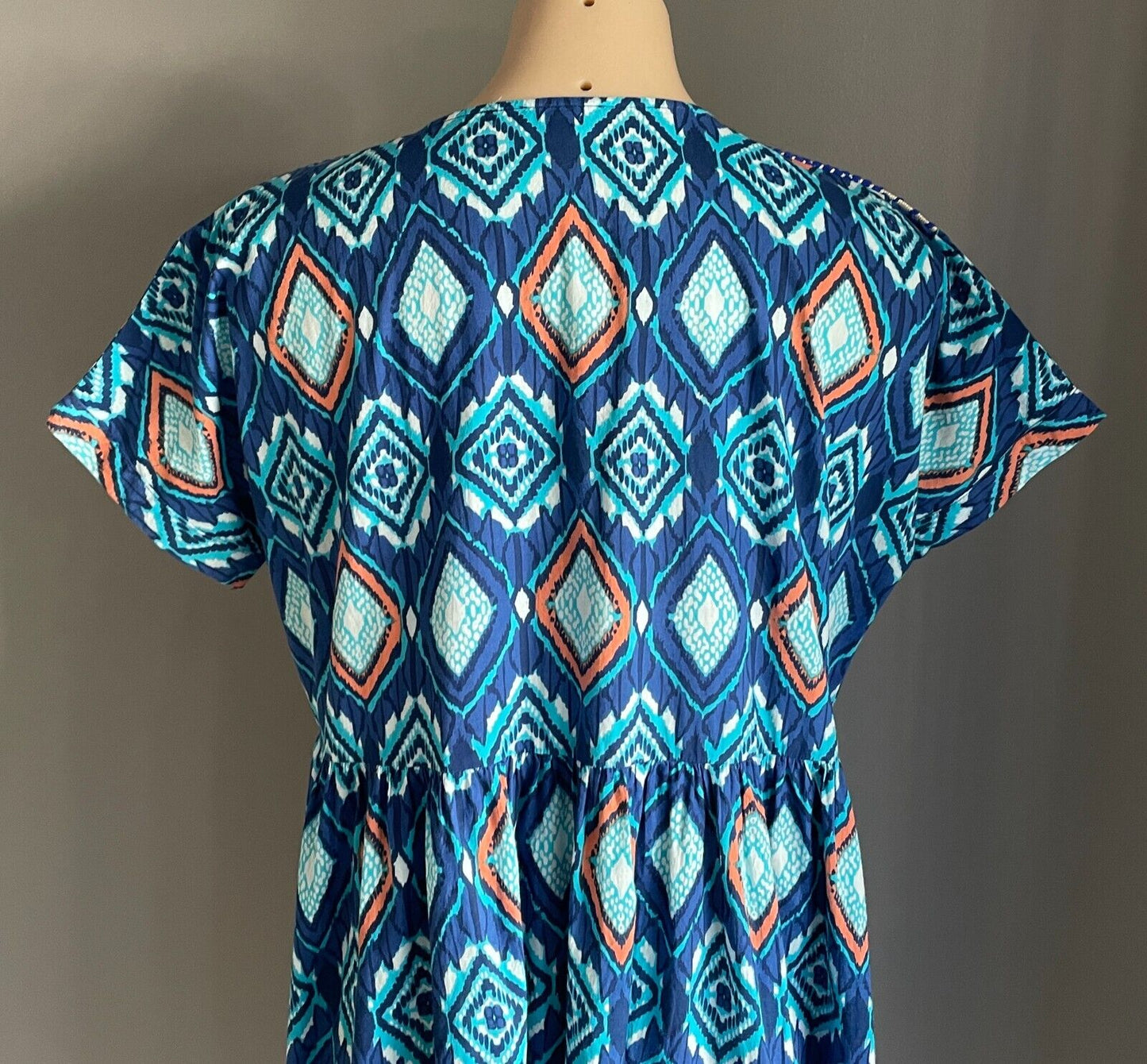 LUCCIOLA Multicolour Batik Print Short Sleeve Dress Cotton Tassel Trim Size S 12