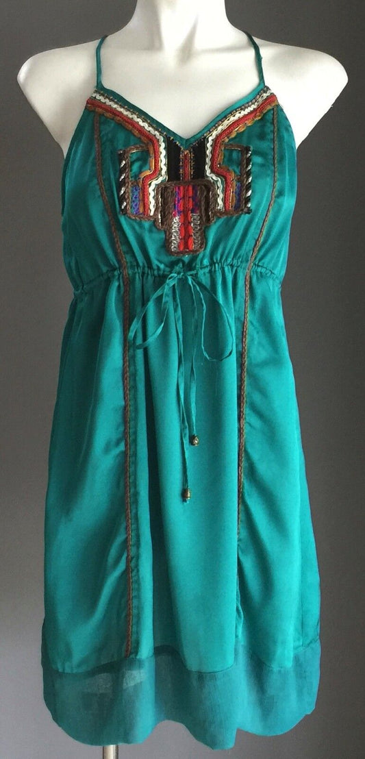 LOLITTA Dress Jade Green Satin Drawstring Waist Size 6 8 Stunning Boho Chic