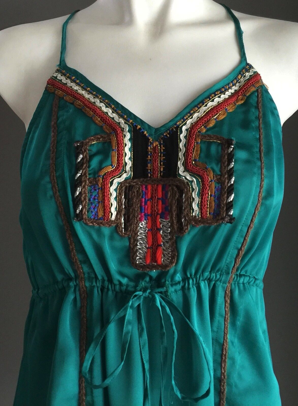 LOLITTA Dress Jade Green Satin Drawstring Waist Size 6 8 Stunning Boho Chic