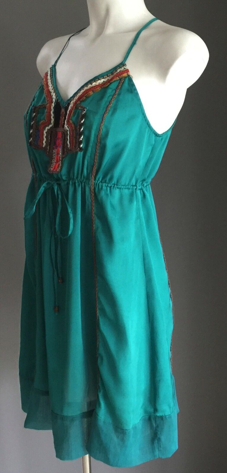 LOLITTA Dress Jade Green Satin Drawstring Waist Size 6 8 Stunning Boho Chic