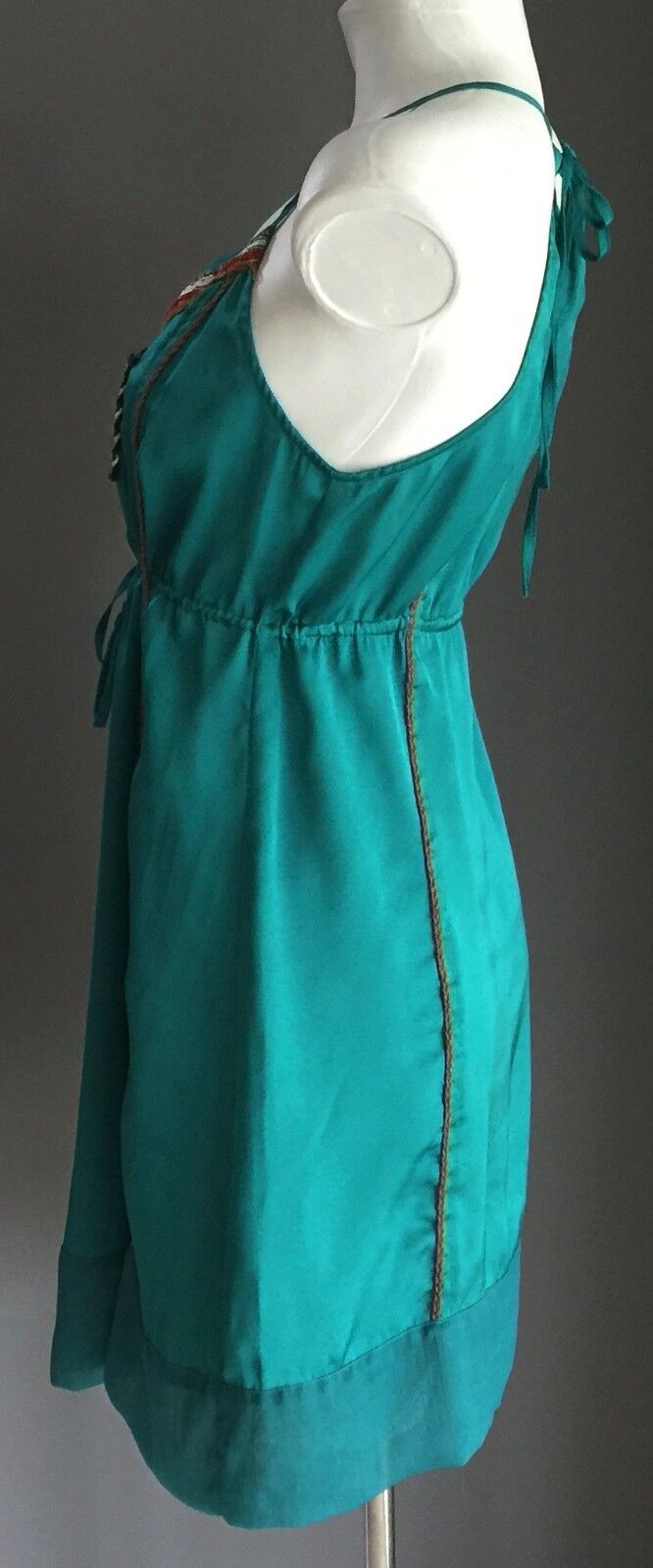 LOLITTA Dress Jade Green Satin Drawstring Waist Size 6 8 Stunning Boho Chic