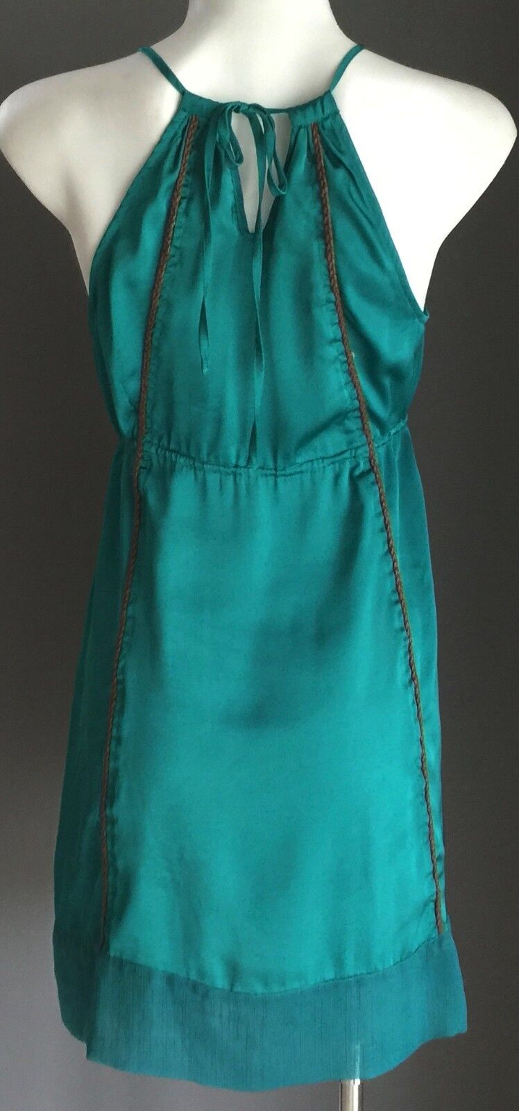 LOLITTA Dress Jade Green Satin Drawstring Waist Size 6 8 Stunning Boho Chic
