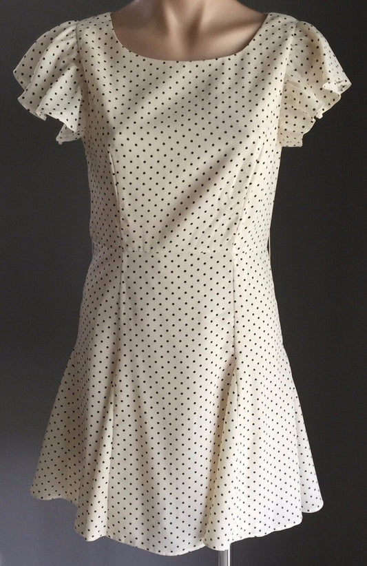 FORCAST 1940's Vibe Dress Cream & Black Polka Dot Open Back A-Line Size 10 NEW