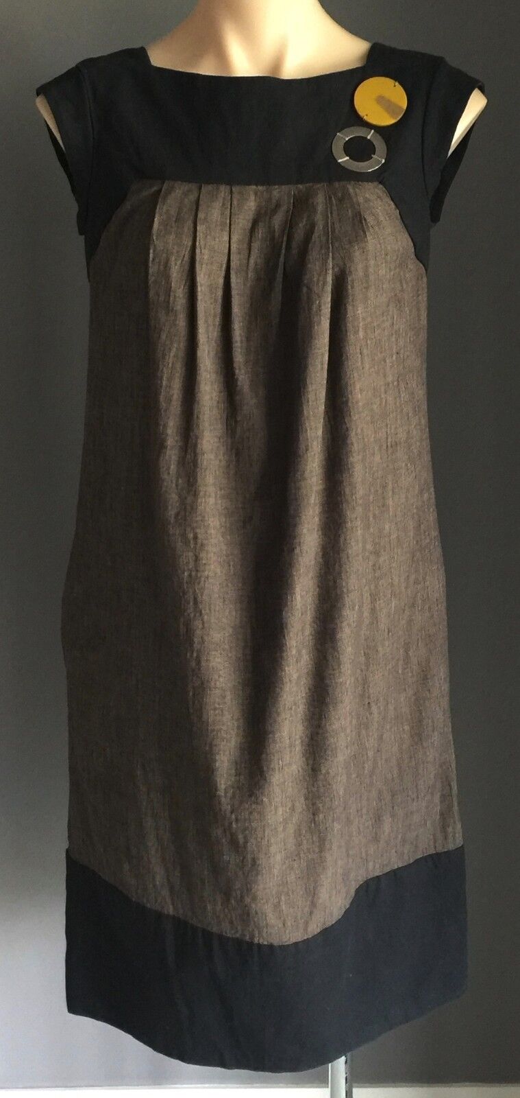 VERONIKA MAINE Dress Linen Blend Brown & Black Tunic Below Knee Length Size 6 10