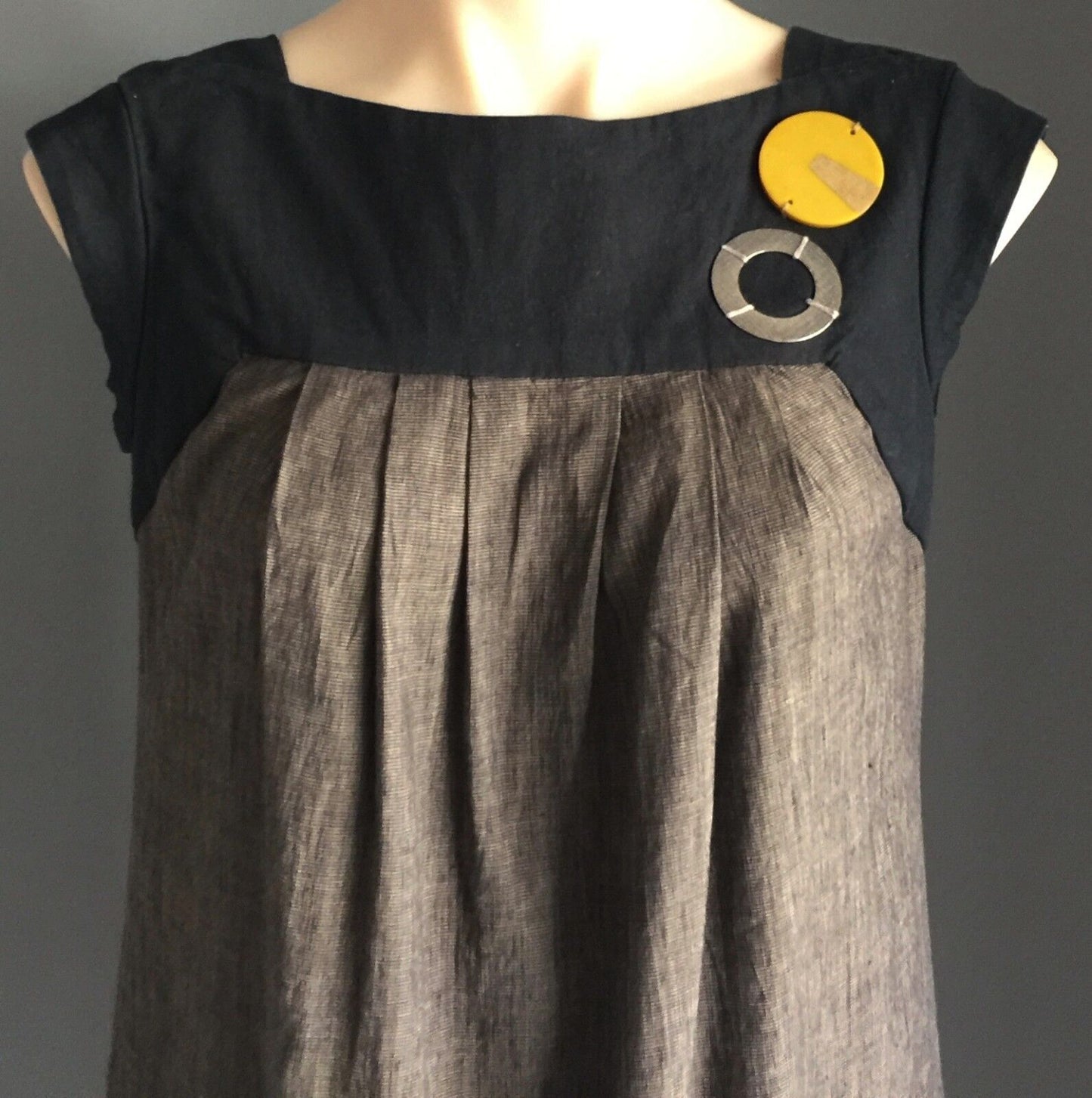 VERONIKA MAINE Dress Linen Blend Brown & Black Tunic Below Knee Length Size 6 10