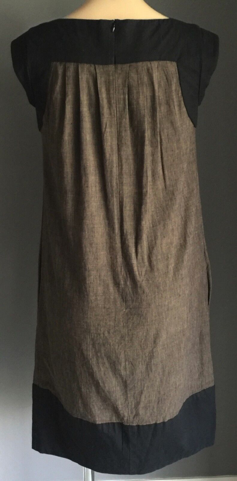 VERONIKA MAINE Dress Linen Blend Brown & Black Tunic Below Knee Length Size 6 10