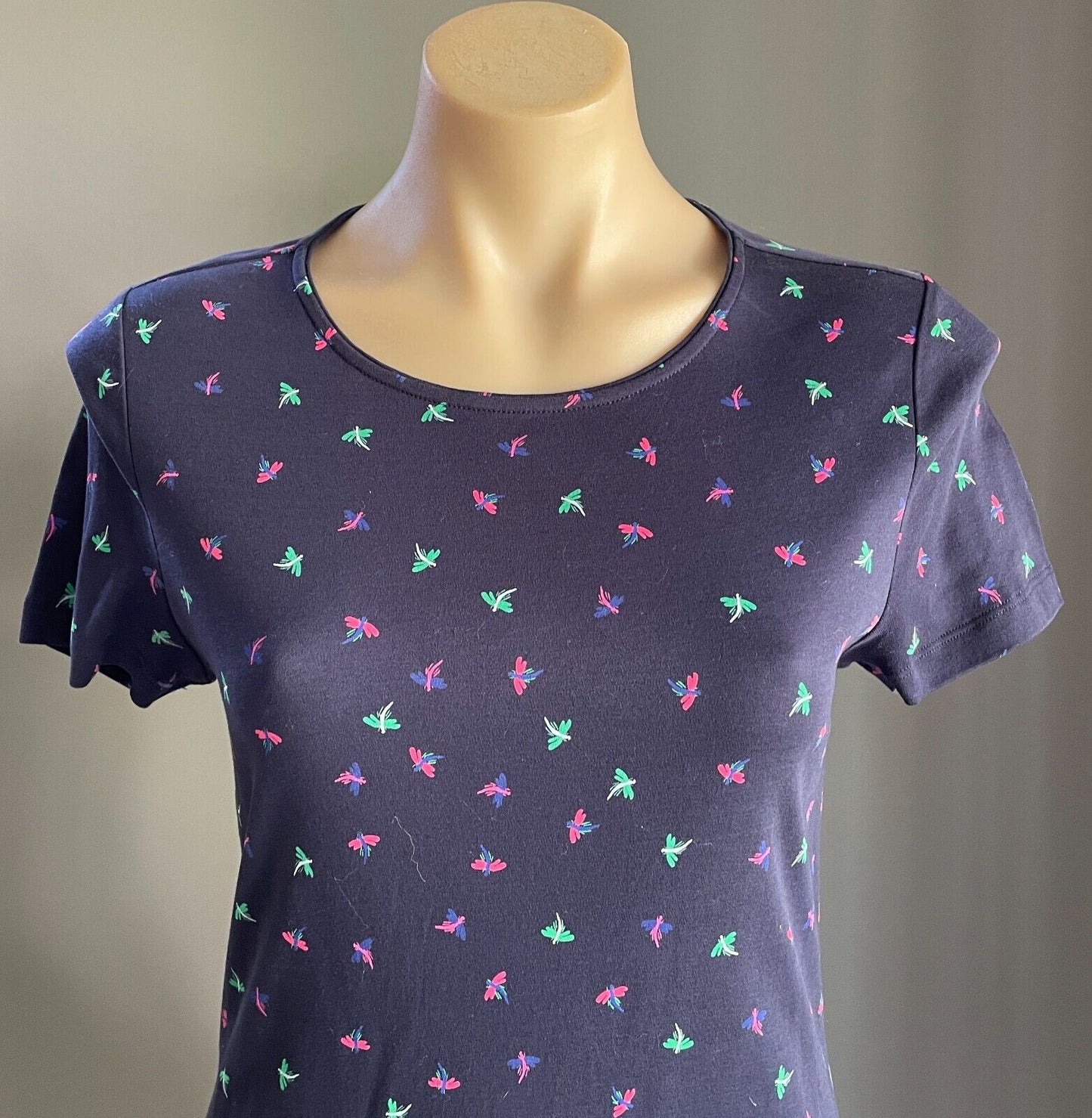 MARCS Dragonfly Dress Navy Blue Red Green Sh/Sleeve Jersey Cotton Size S 10 NEW
