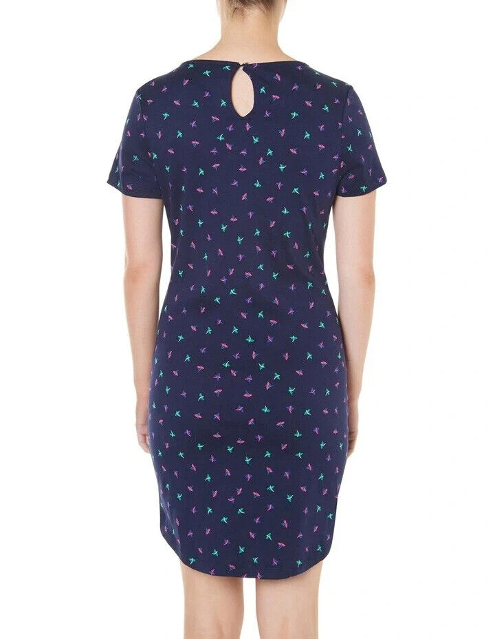 MARCS Dragonfly Dress Navy Blue Red Green Sh/Sleeve Jersey Cotton Size S 10 NEW