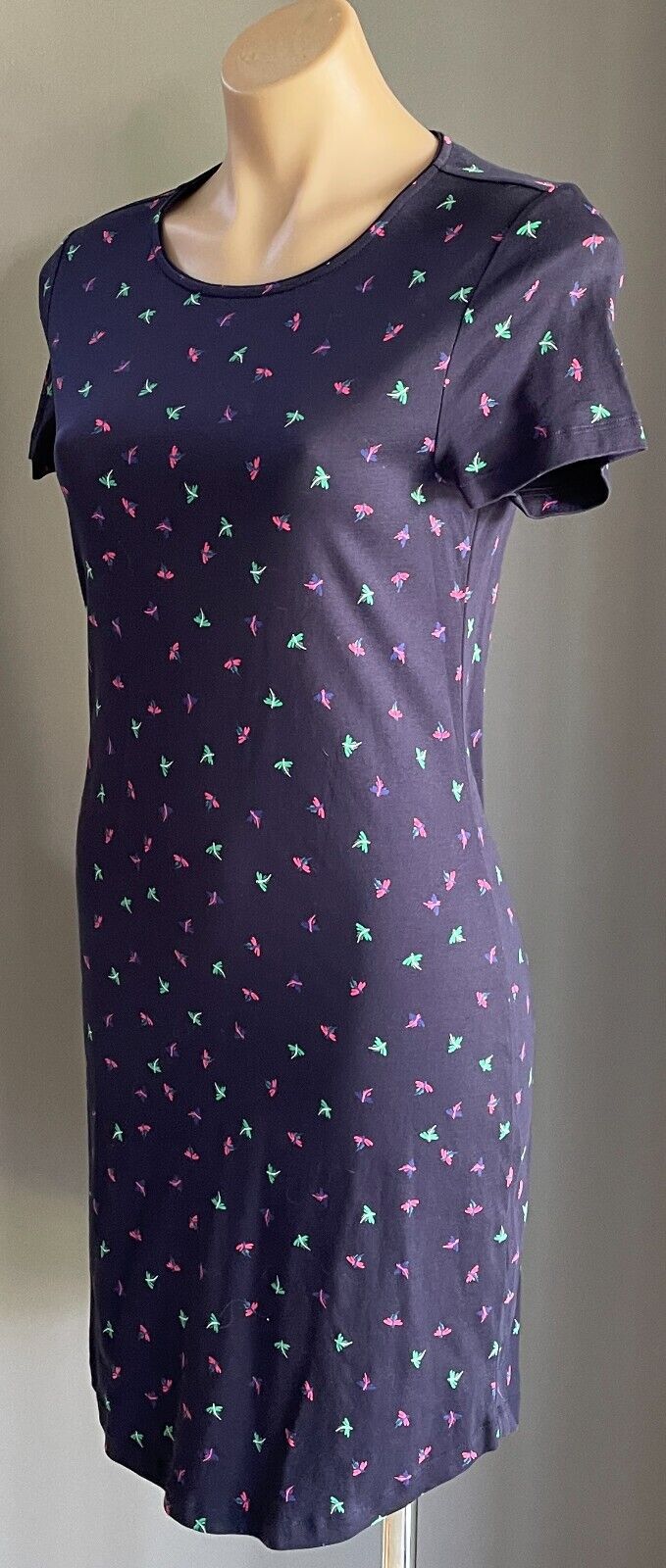 MARCS Dragonfly Dress Navy Blue Red Green Sh/Sleeve Jersey Cotton Size S 10 NEW