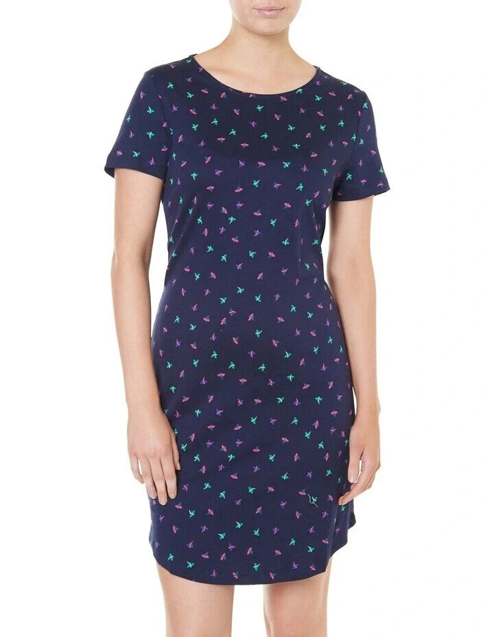 MARCS Dragonfly Dress Navy Blue Red Green Sh/Sleeve Jersey Cotton Size S 10 NEW