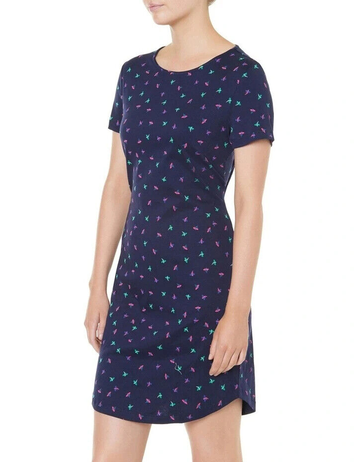 MARCS Dragonfly Dress Navy Blue Red Green Sh/Sleeve Jersey Cotton Size S 10 NEW