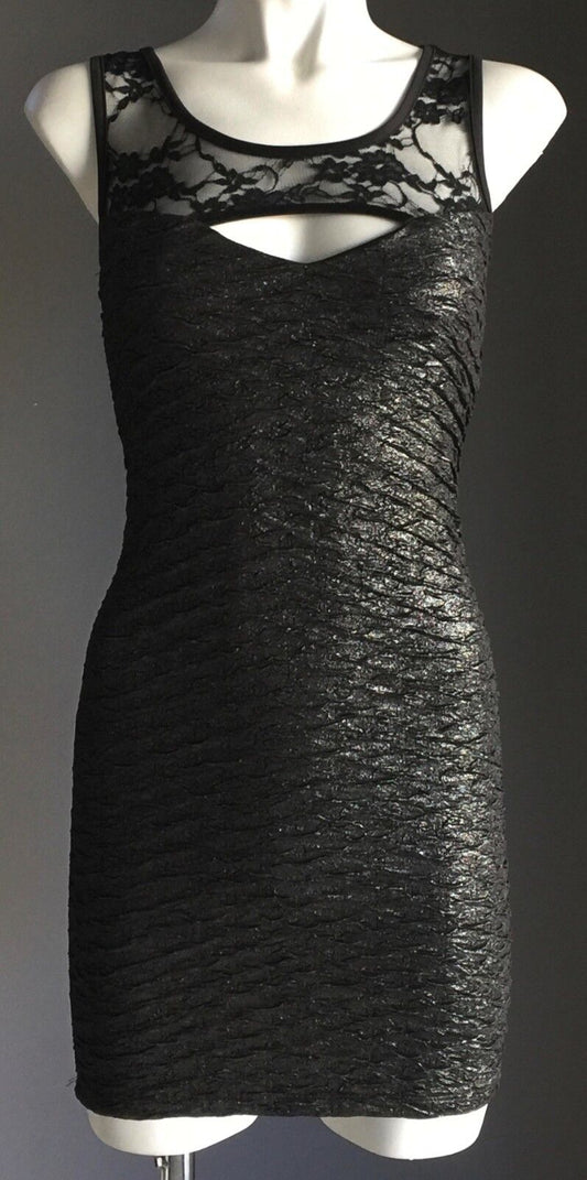GLAM CANDY Mini Black Silver Textured Stretch Mini Dress Size S 6 8 Retro NEW