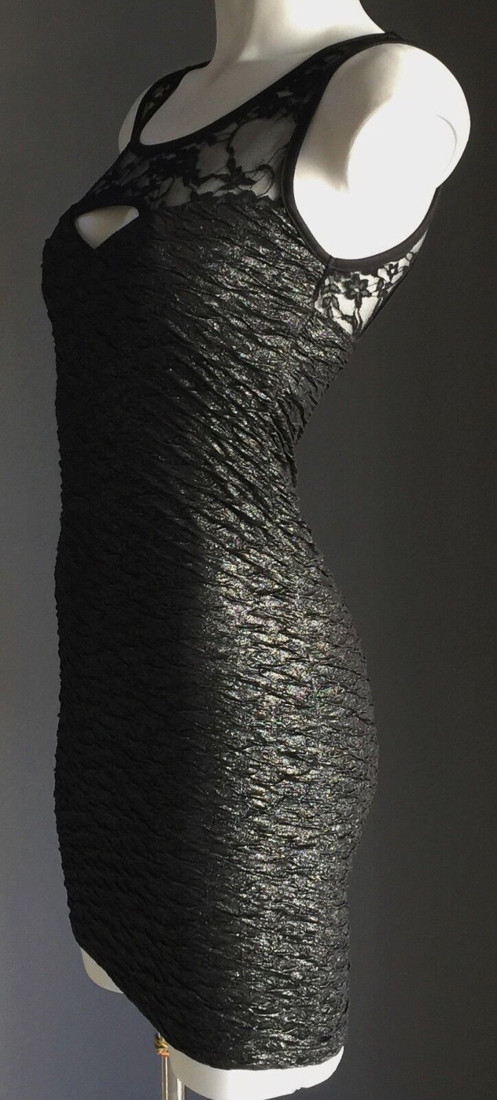 GLAM CANDY Mini Black Silver Textured Stretch Mini Dress Size S 6 8 Retro NEW