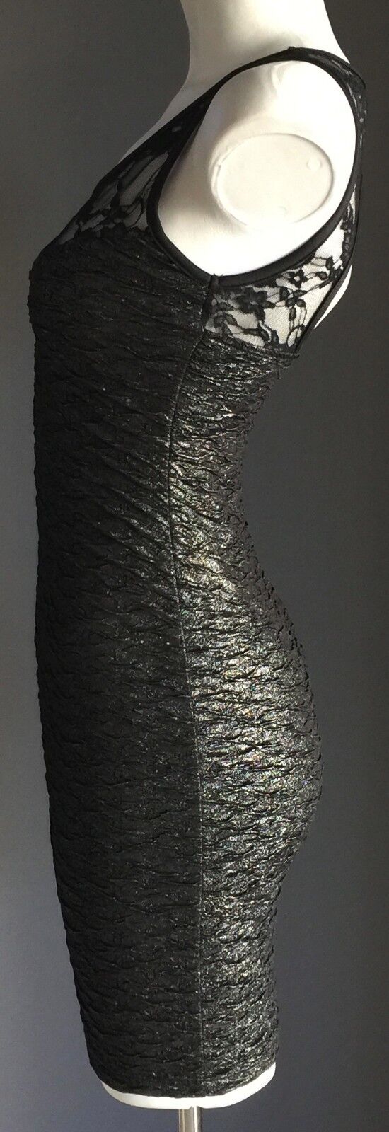 GLAM CANDY Mini Black Silver Textured Stretch Mini Dress Size S 6 8 Retro NEW