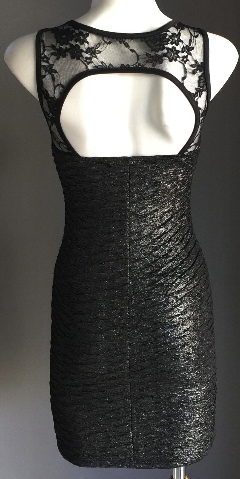 GLAM CANDY Mini Black Silver Textured Stretch Mini Dress Size S 6 8 Retro NEW