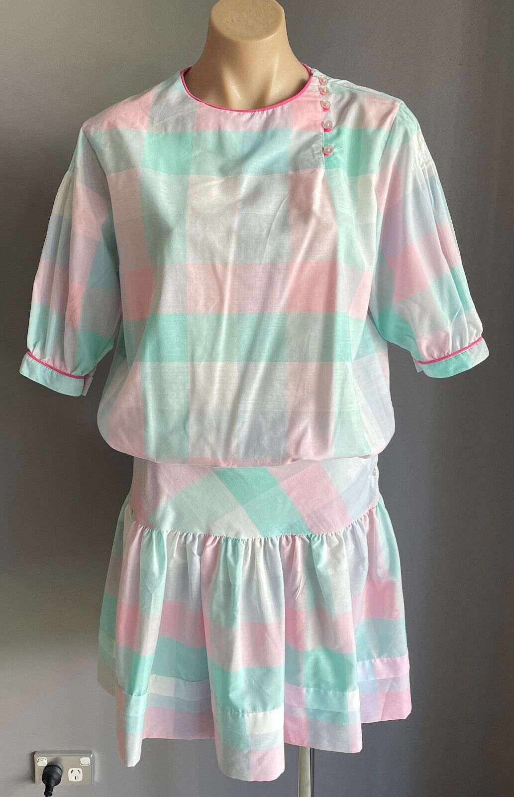 SOLITAIRE Drop Waist Dress Pastel Check Cotton Puff Sleeve Size 8 10 Vintage