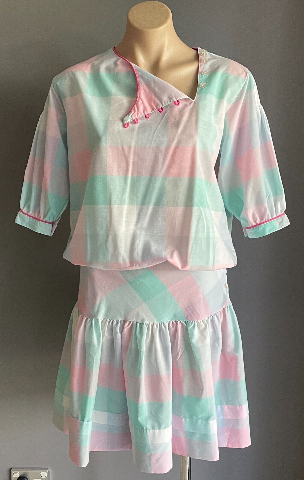 SOLITAIRE Drop Waist Dress Pastel Check Cotton Puff Sleeve Size 8 10 Vintage