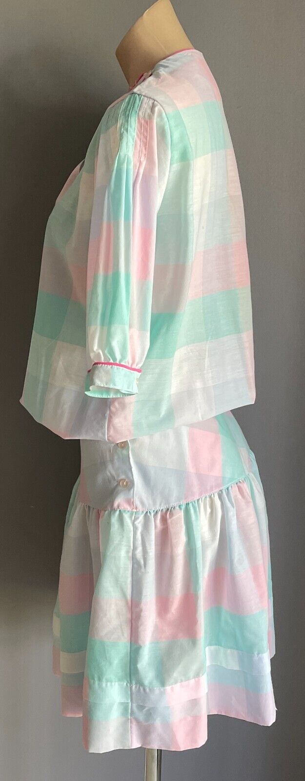 SOLITAIRE Drop Waist Dress Pastel Check Cotton Puff Sleeve Size 8 10 Vintage