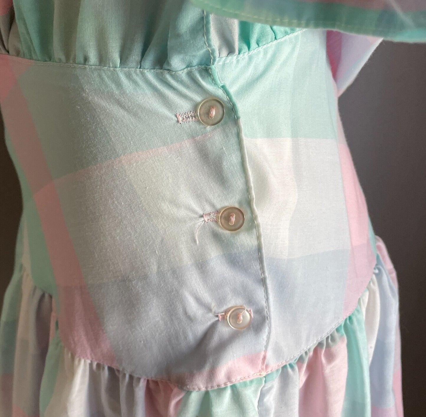 SOLITAIRE Drop Waist Dress Pastel Check Cotton Puff Sleeve Size 8 10 Vintage