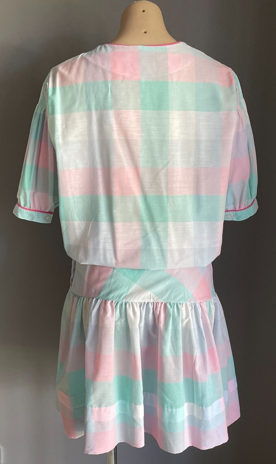 SOLITAIRE Drop Waist Dress Pastel Check Cotton Puff Sleeve Size 8 10 Vintage