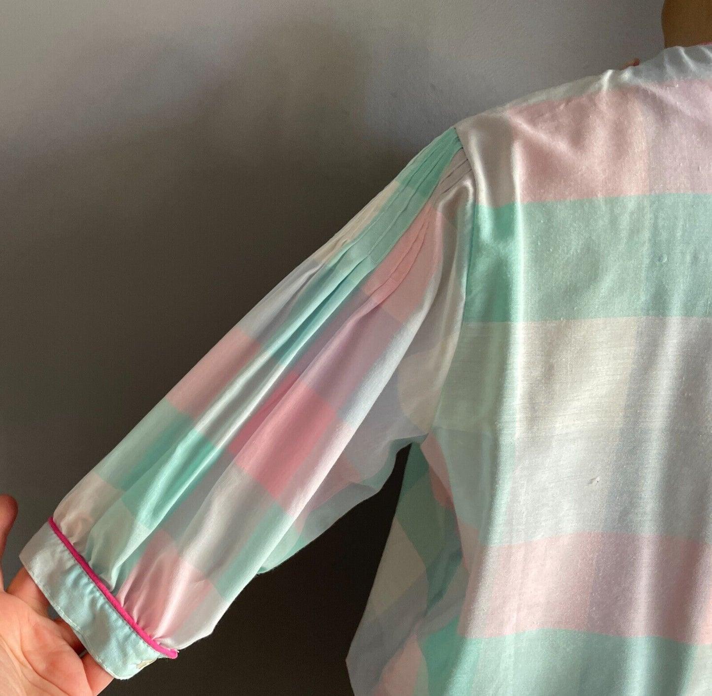 SOLITAIRE Drop Waist Dress Pastel Check Cotton Puff Sleeve Size 8 10 Vintage