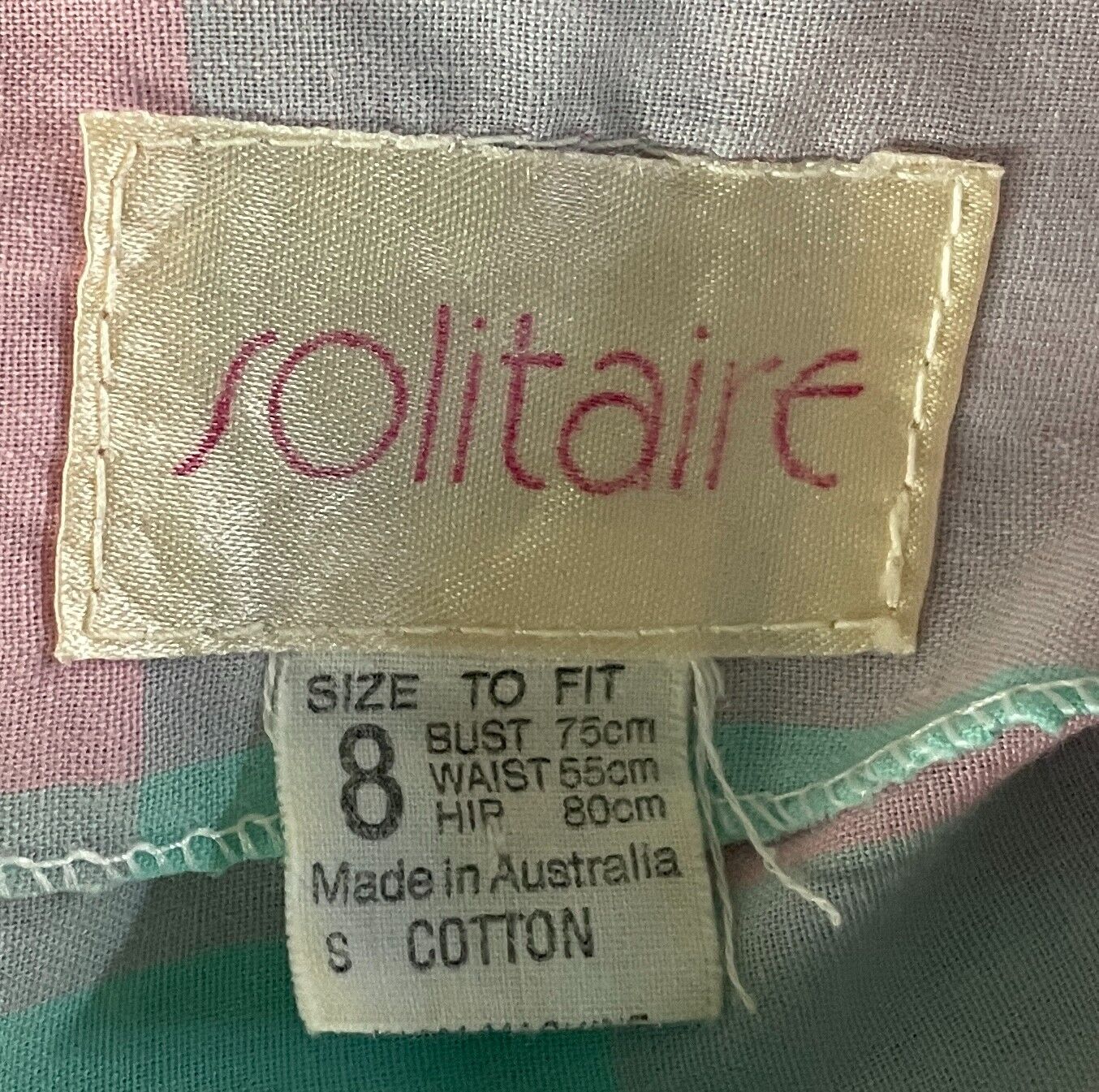 SOLITAIRE Drop Waist Dress Pastel Check Cotton Puff Sleeve Size 8 10 Vintage