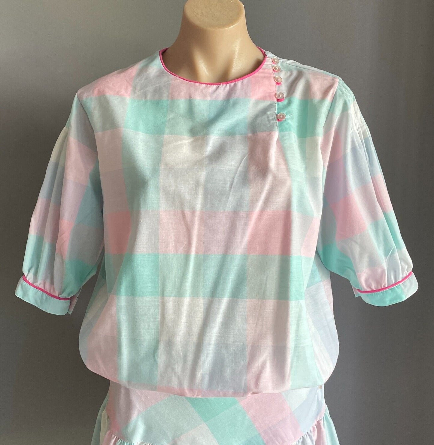SOLITAIRE Drop Waist Dress Pastel Check Cotton Puff Sleeve Size 8 10 Vintage