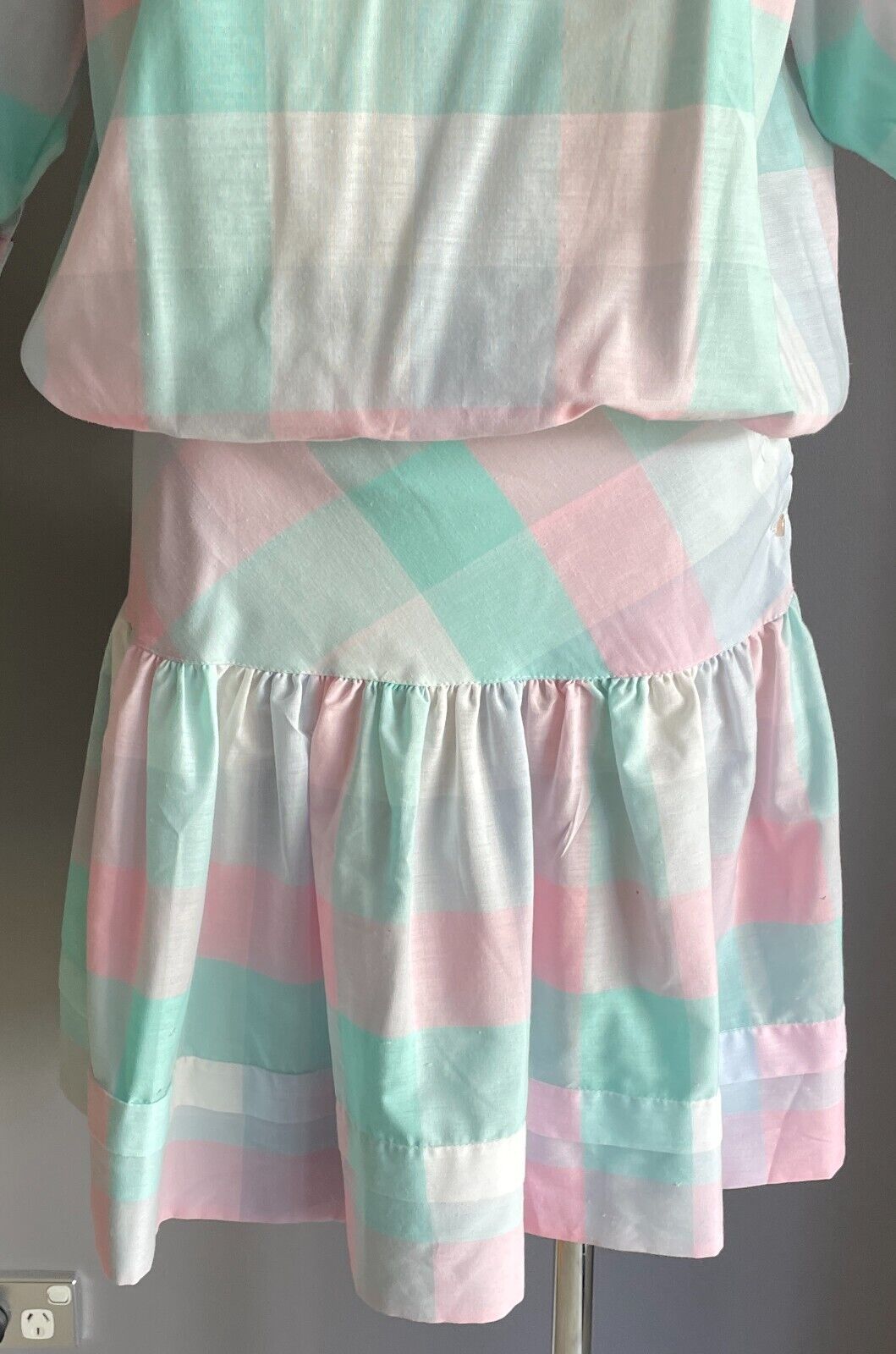 SOLITAIRE Drop Waist Dress Pastel Check Cotton Puff Sleeve Size 8 10 Vintage