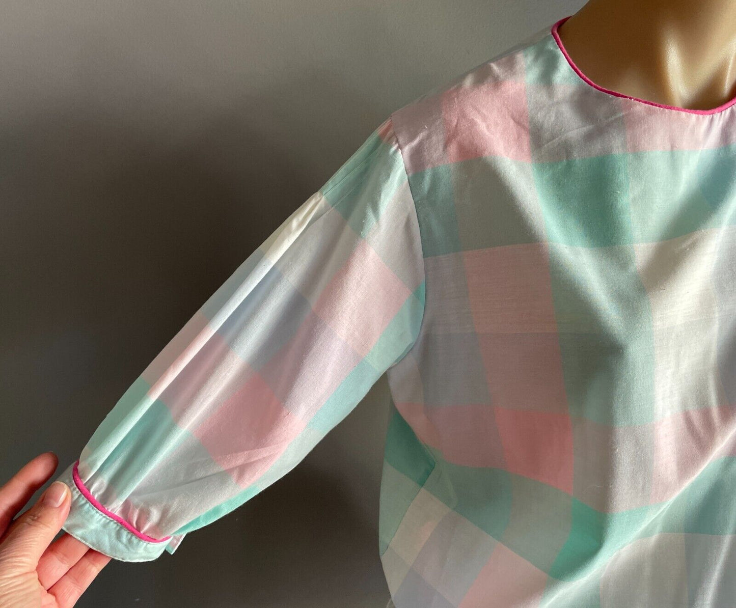 SOLITAIRE Drop Waist Dress Pastel Check Cotton Puff Sleeve Size 8 10 Vintage