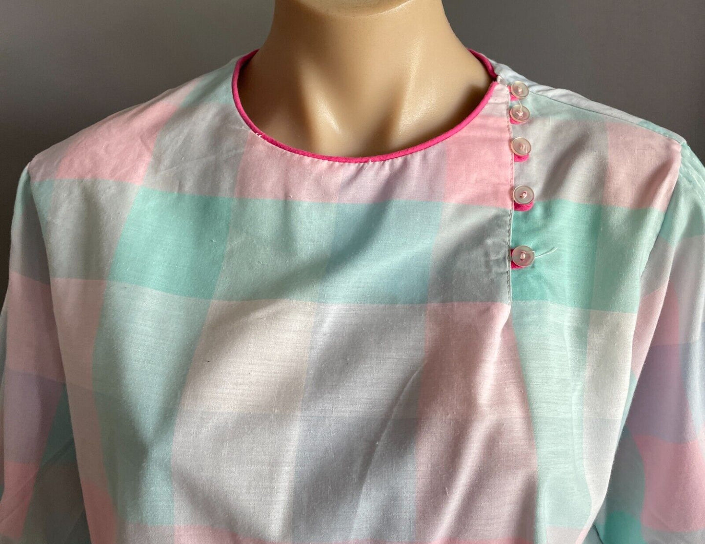 SOLITAIRE Drop Waist Dress Pastel Check Cotton Puff Sleeve Size 8 10 Vintage