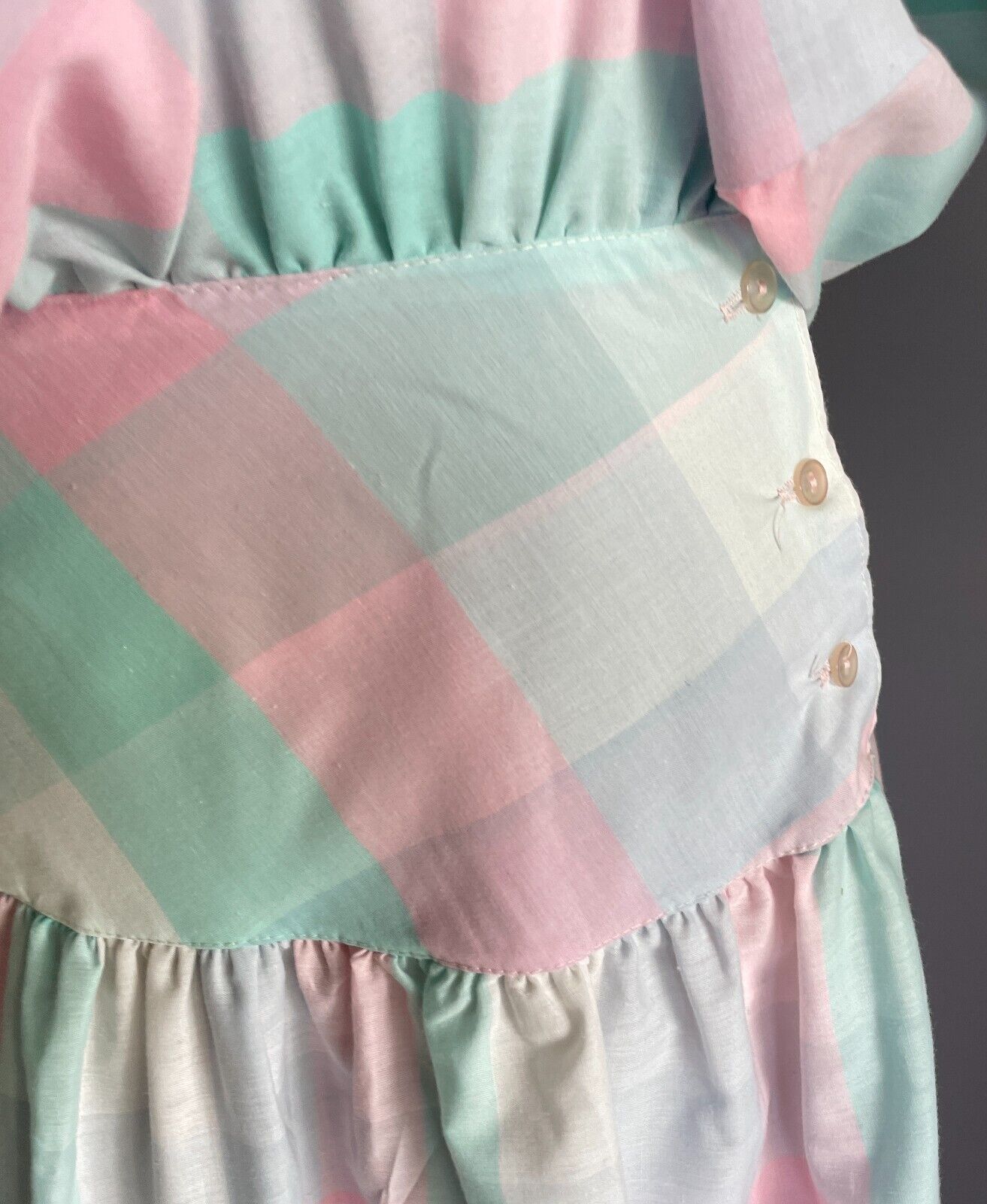 SOLITAIRE Drop Waist Dress Pastel Check Cotton Puff Sleeve Size 8 10 Vintage