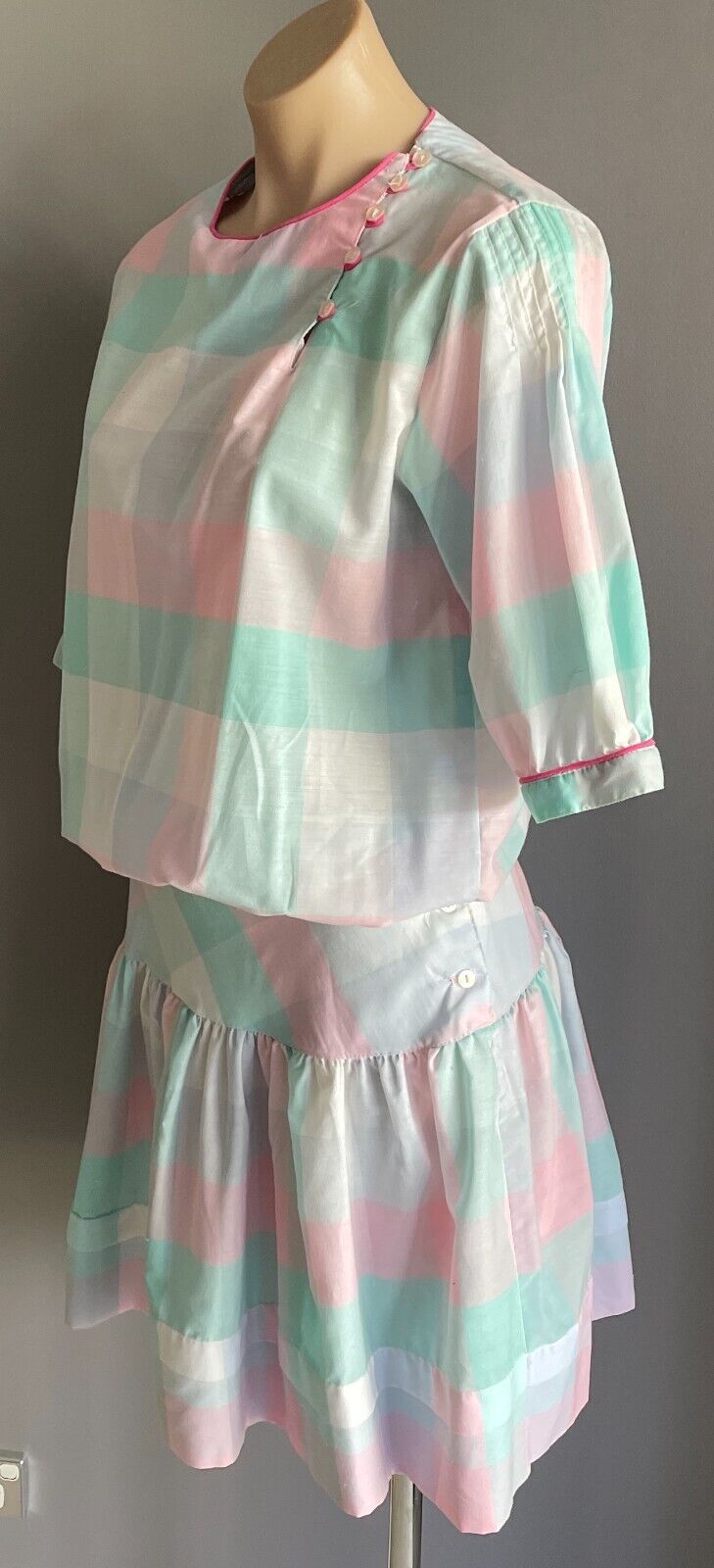 SOLITAIRE Drop Waist Dress Pastel Check Cotton Puff Sleeve Size 8 10 Vintage