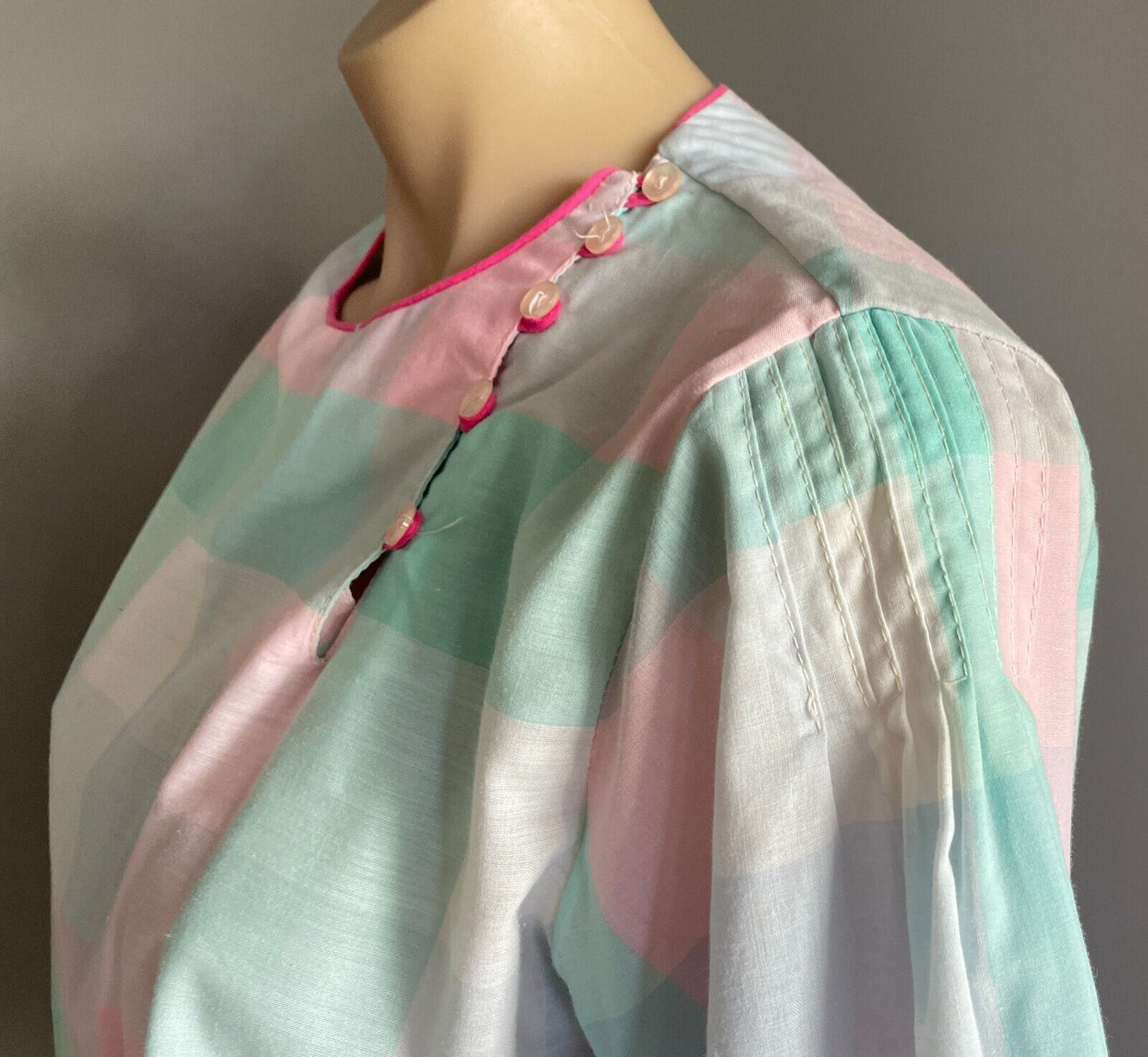 SOLITAIRE Drop Waist Dress Pastel Check Cotton Puff Sleeve Size 8 10 Vintage