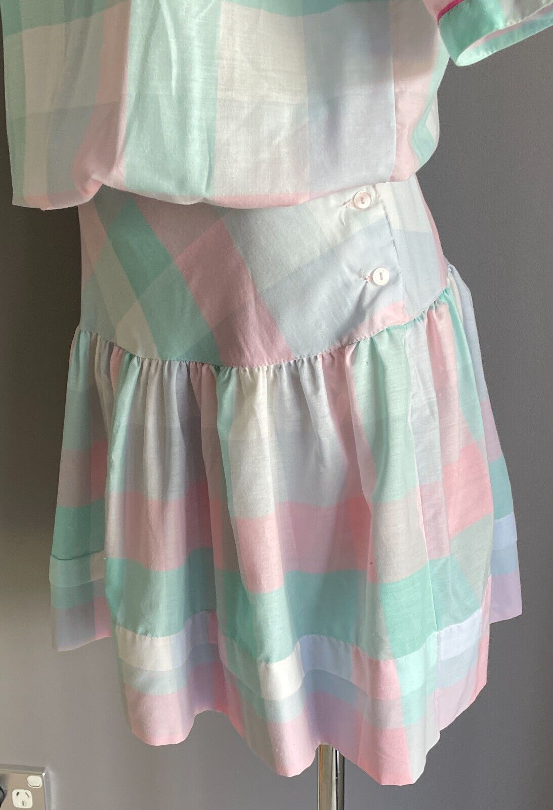 SOLITAIRE Drop Waist Dress Pastel Check Cotton Puff Sleeve Size 8 10 Vintage