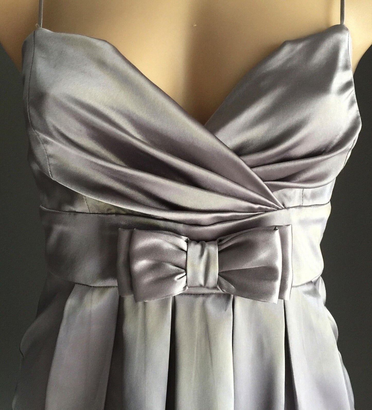 ZIG ZAG Silver Satin Look Empire Waist Dress Size 8 10 Stunning