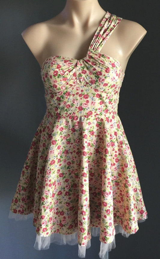 LALA GIRL Skater Dress Floral One Shoulder Full Tulle Hem Short Sz 8 10 Unique